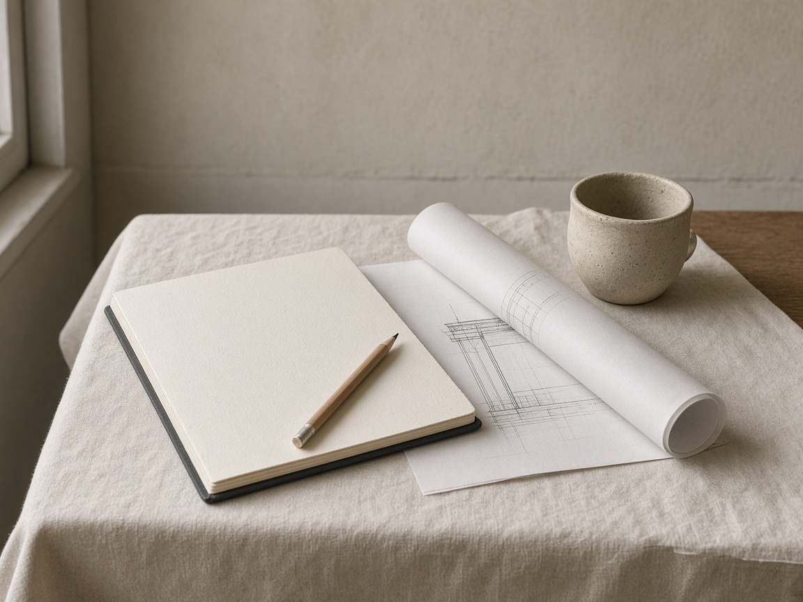 A quiet studio table: paper, coffee, a laptop closed in the background