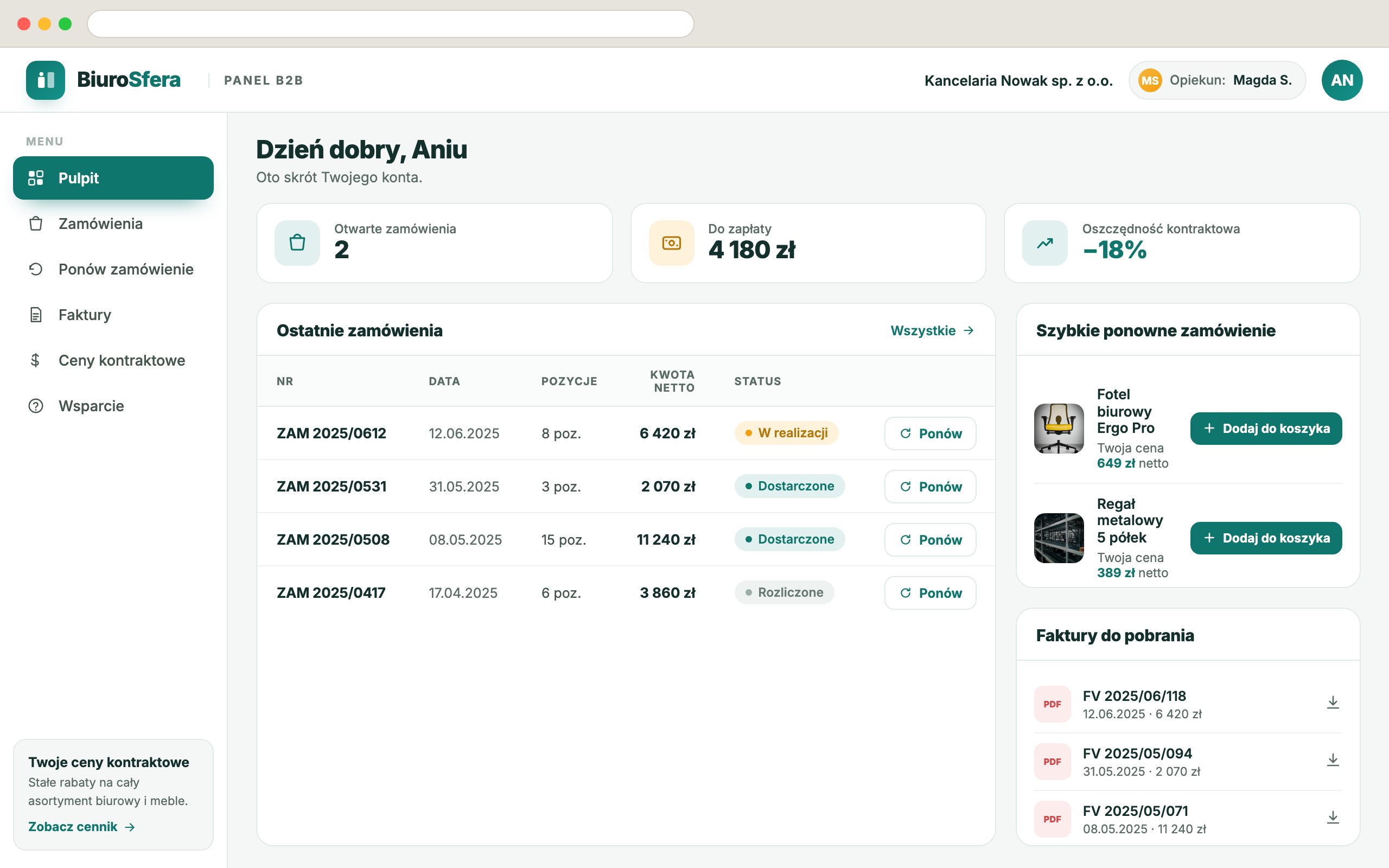 Panel B2B z cenami kontraktowymi i ponownym zamówieniem