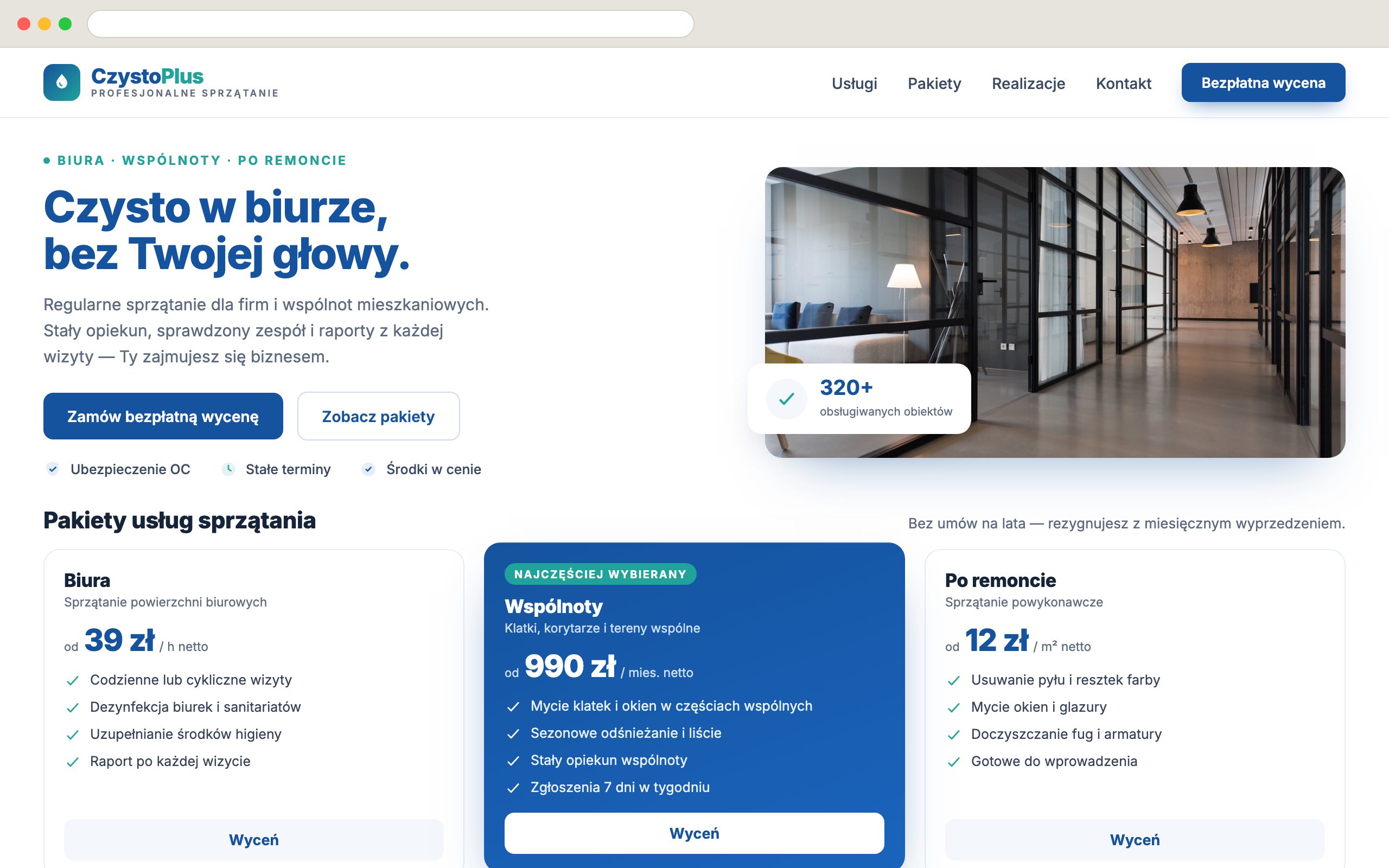 Strona CzystoPlus — pakiety usług sprzątania