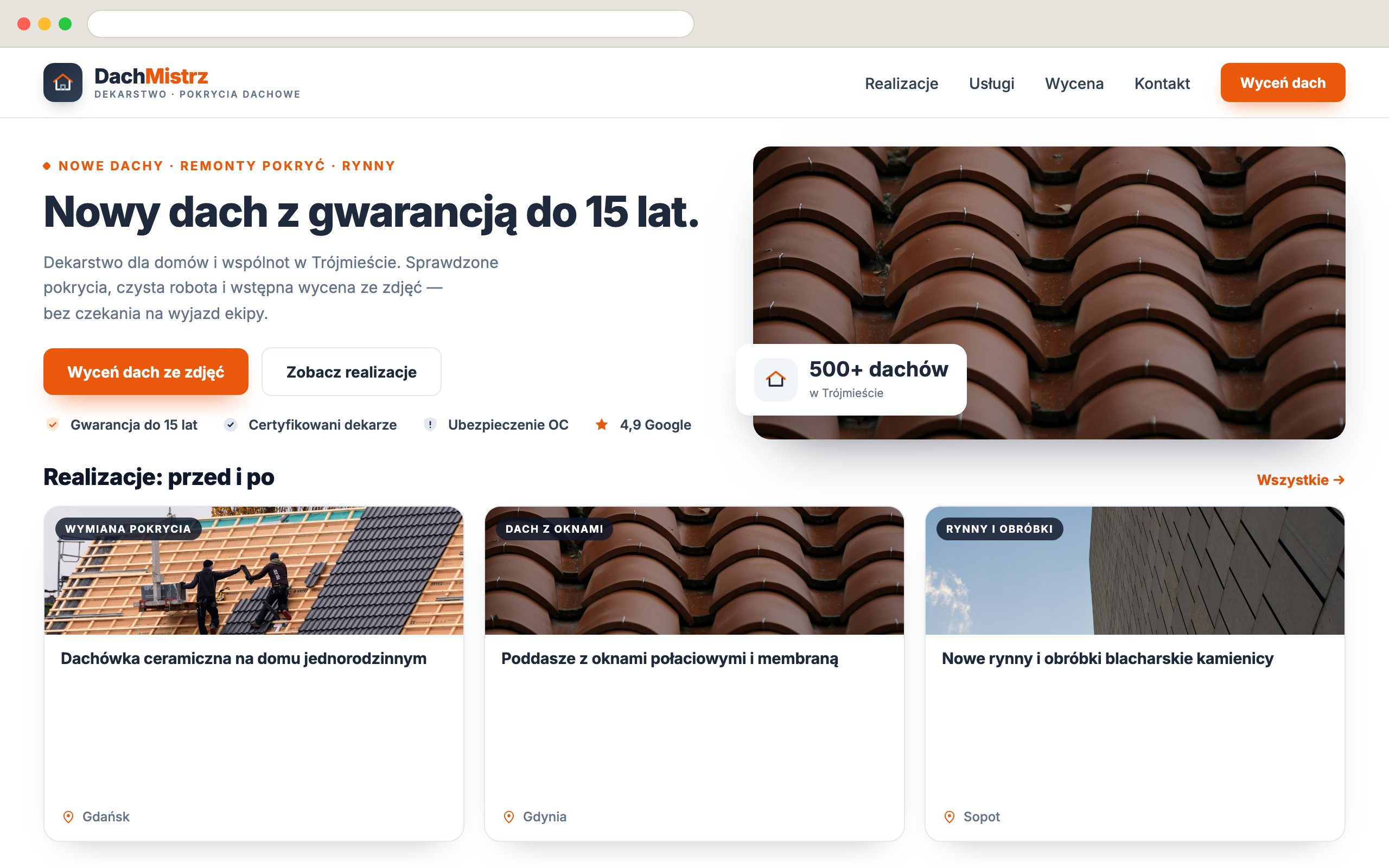 Strona DachMistrz — galeria realizacji dachów przed i po