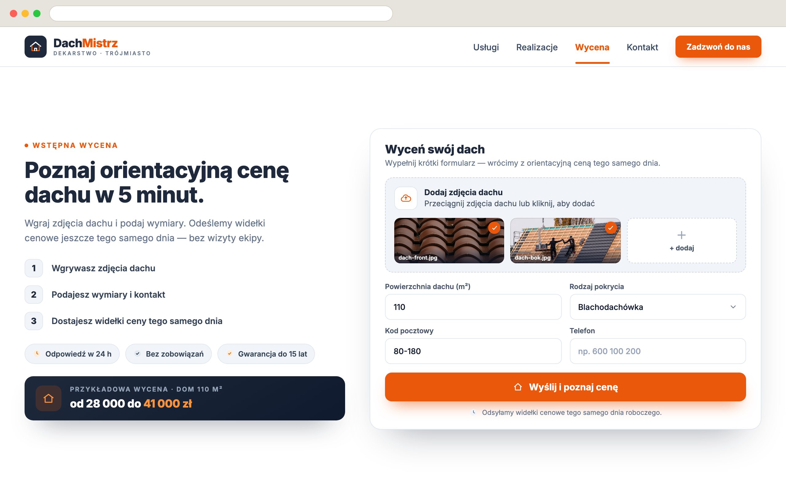 Formularz wstępnej wyceny dachu ze zdjęć