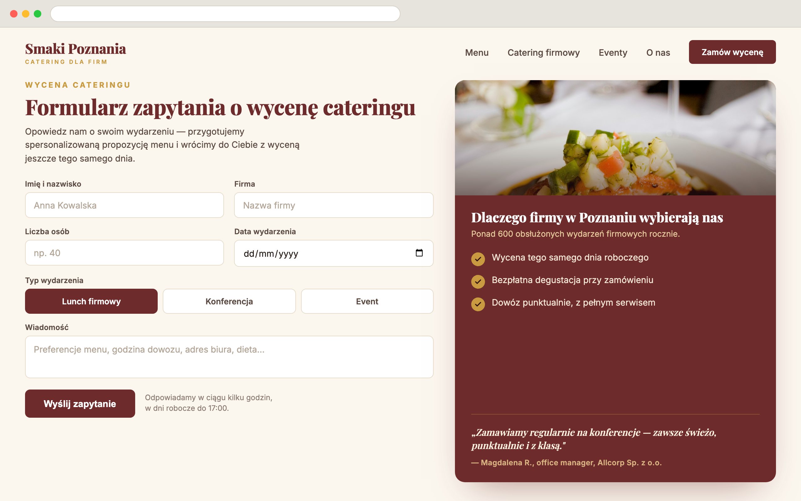 Formularz zapytania o wycenę cateringu